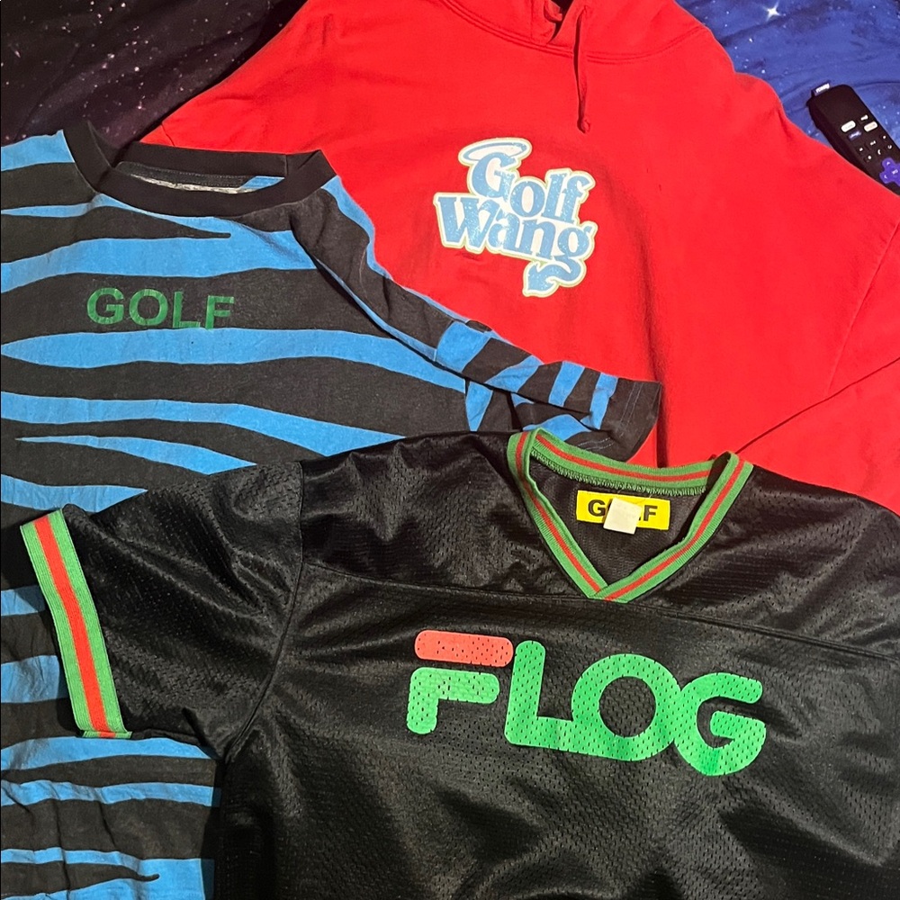 GolfWang lot deadstock items,black flog jersey,Red hoodie,blue tigerstripe